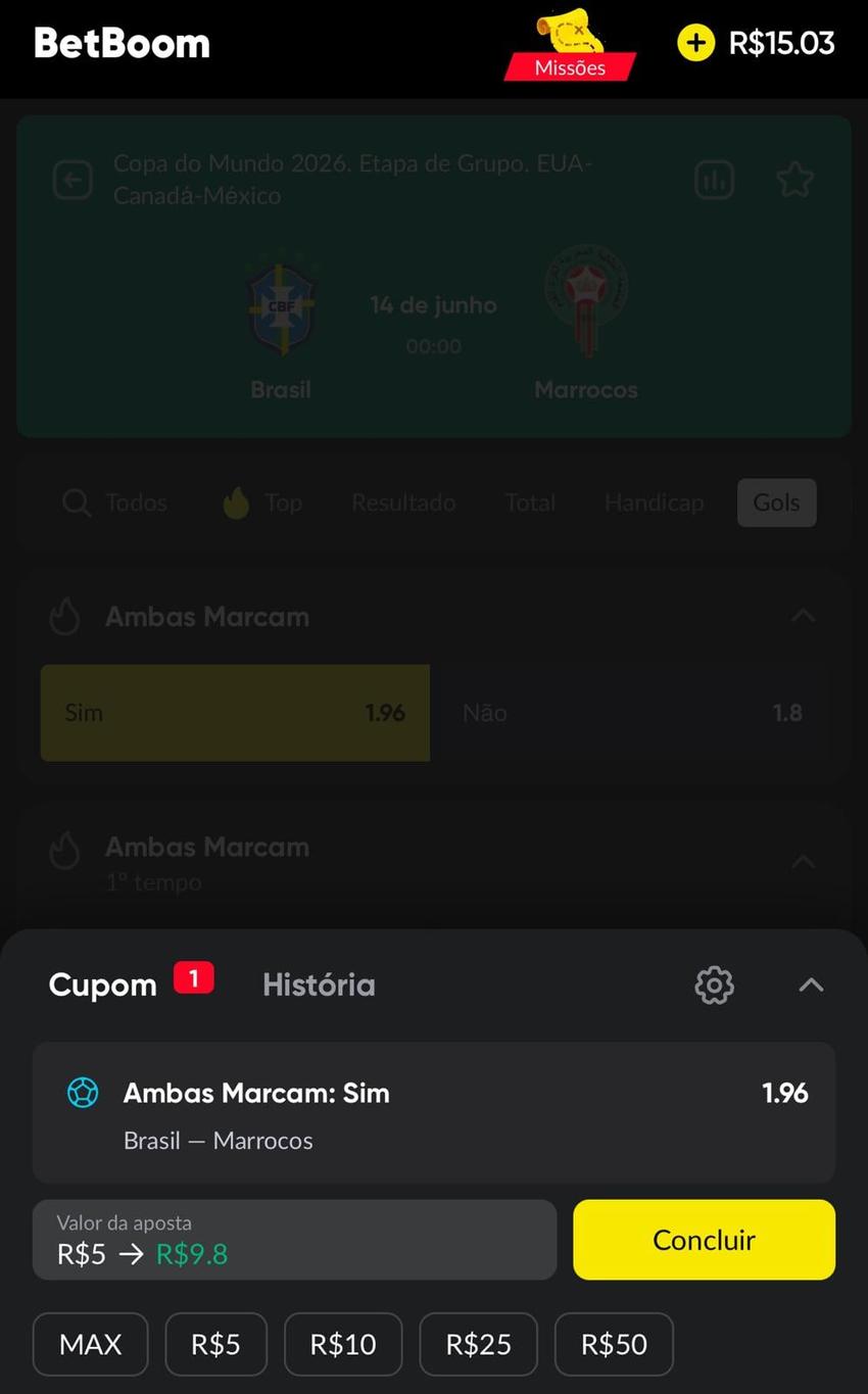 Captura da tela de apostas na BetBoom na Copa do Mundo 2026.