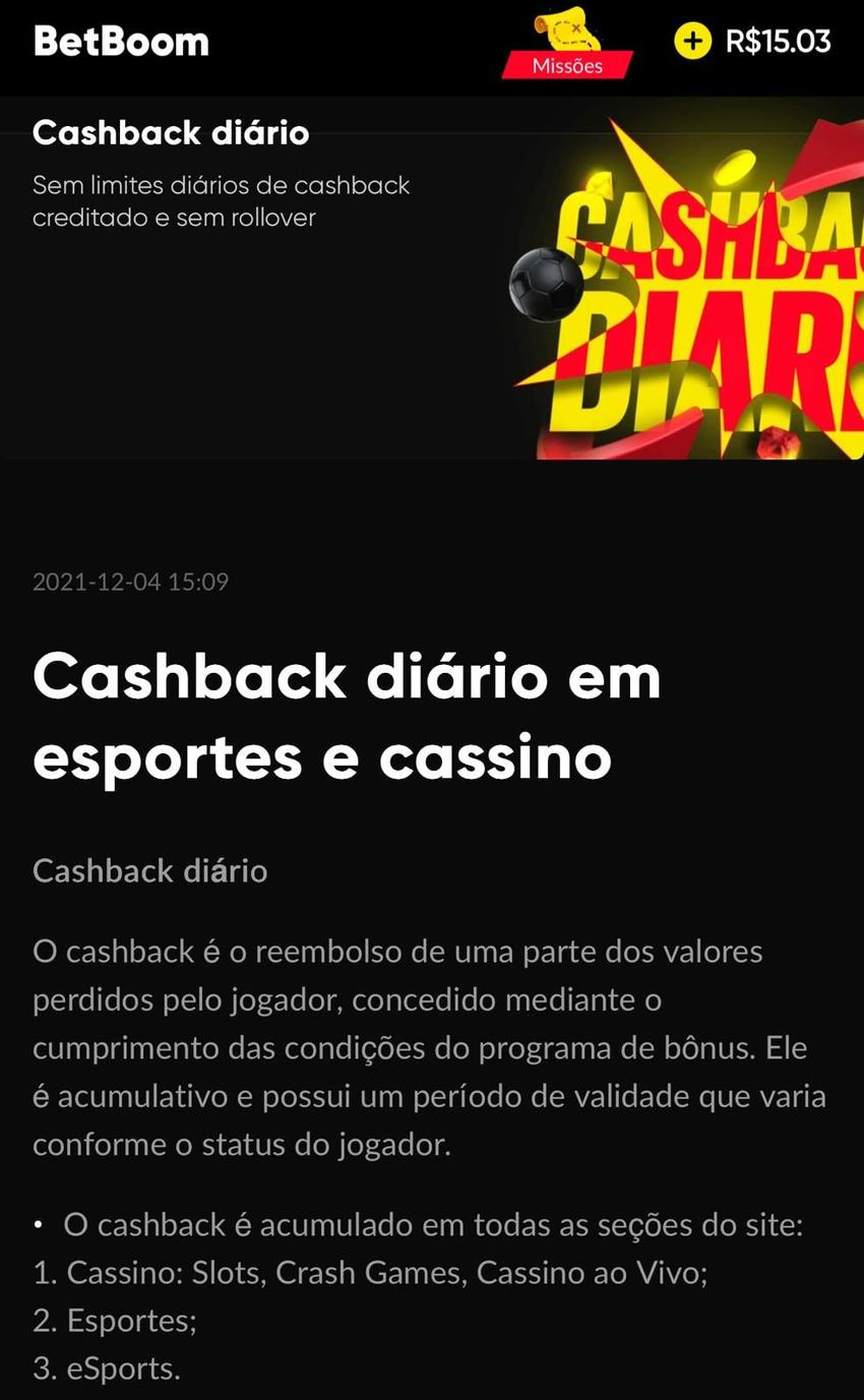 Captura da tela de cashback na BetBoom.