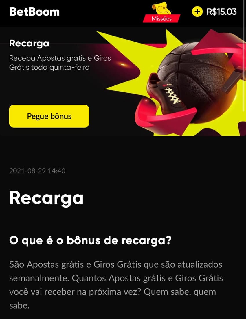 Captura de tela da promoção Bônus de Recarga na BetBoom.