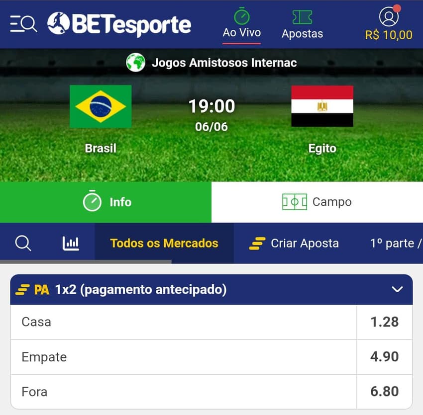Captura de tela do mercado de apostas de futebol na BETesporte.