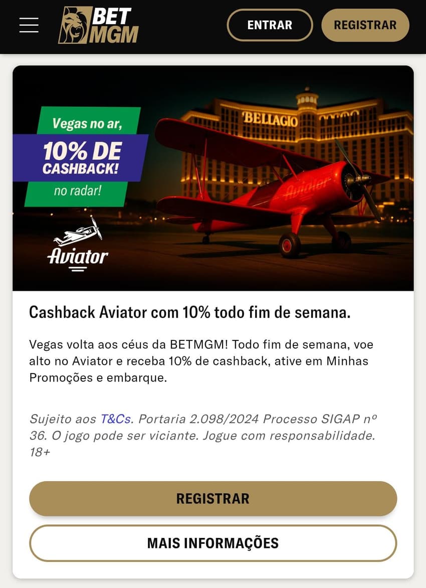 Captura de tela do bônus da BetMGM Cashback Aviator.