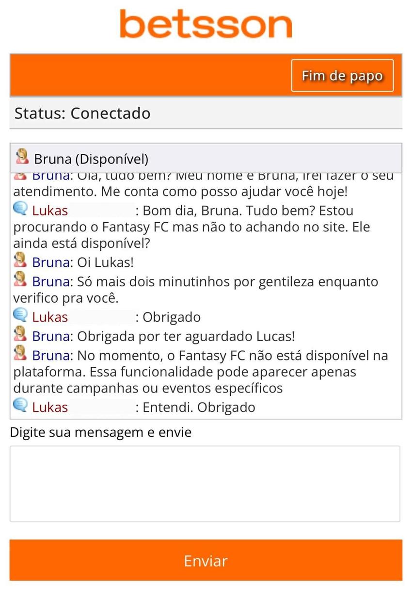Captura de tela do suporte sobre o fantasy game da Betsson.