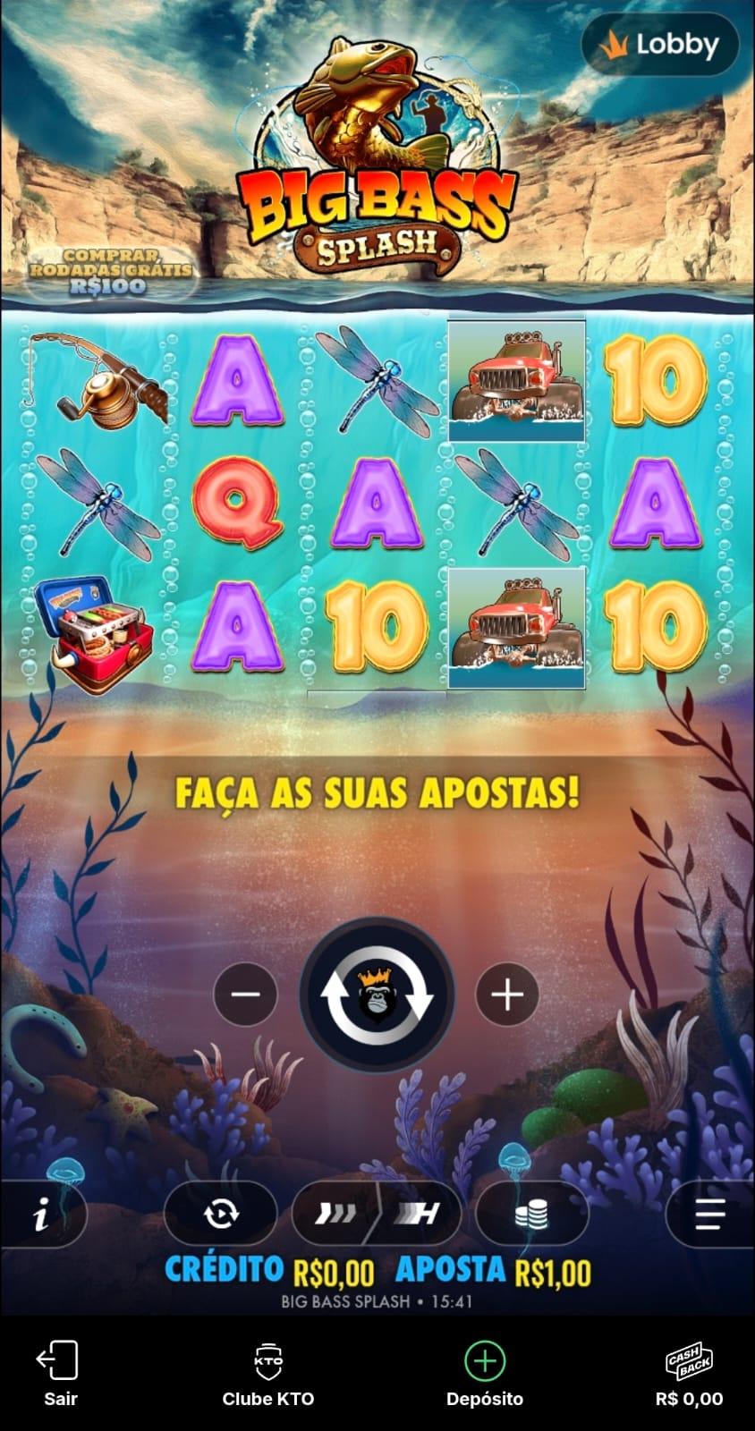 Captura de tela do Big Bass Splash, um dos slots na KTO exibindo a grade com símbolos e botões de apostas.