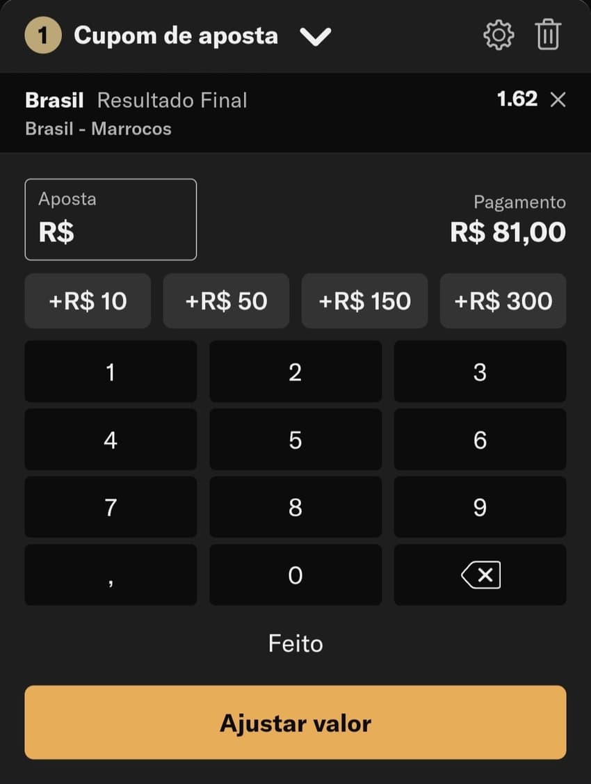 Captura de tela da BetMGM exibindo um bilhete de apostas na Copa do Mundo no jogo entre Brasil e Marrocos.