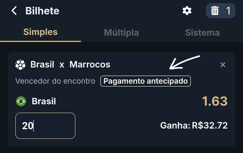Captura de tela de um bilhete de apostas na Estrela bet no jogo entre Brasil e Marrocos com Pagamento Antecipado 2 gols.