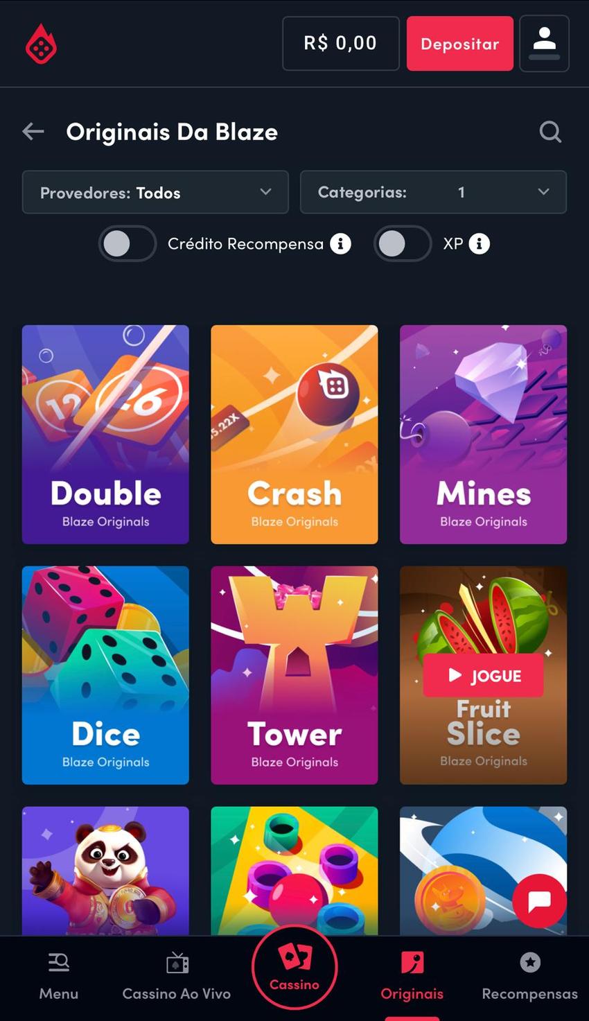 Captura de tela dos jogos originais de cassino da Blaze.