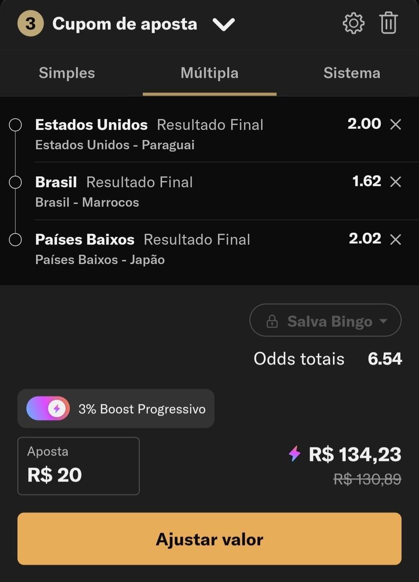 Captura de tela de um bilhete de apostas da BetMGM na Copa do Mundo de 2026 exibindo seleções múltiplas e o aumento do potencial retorno com o Boost progressivo.