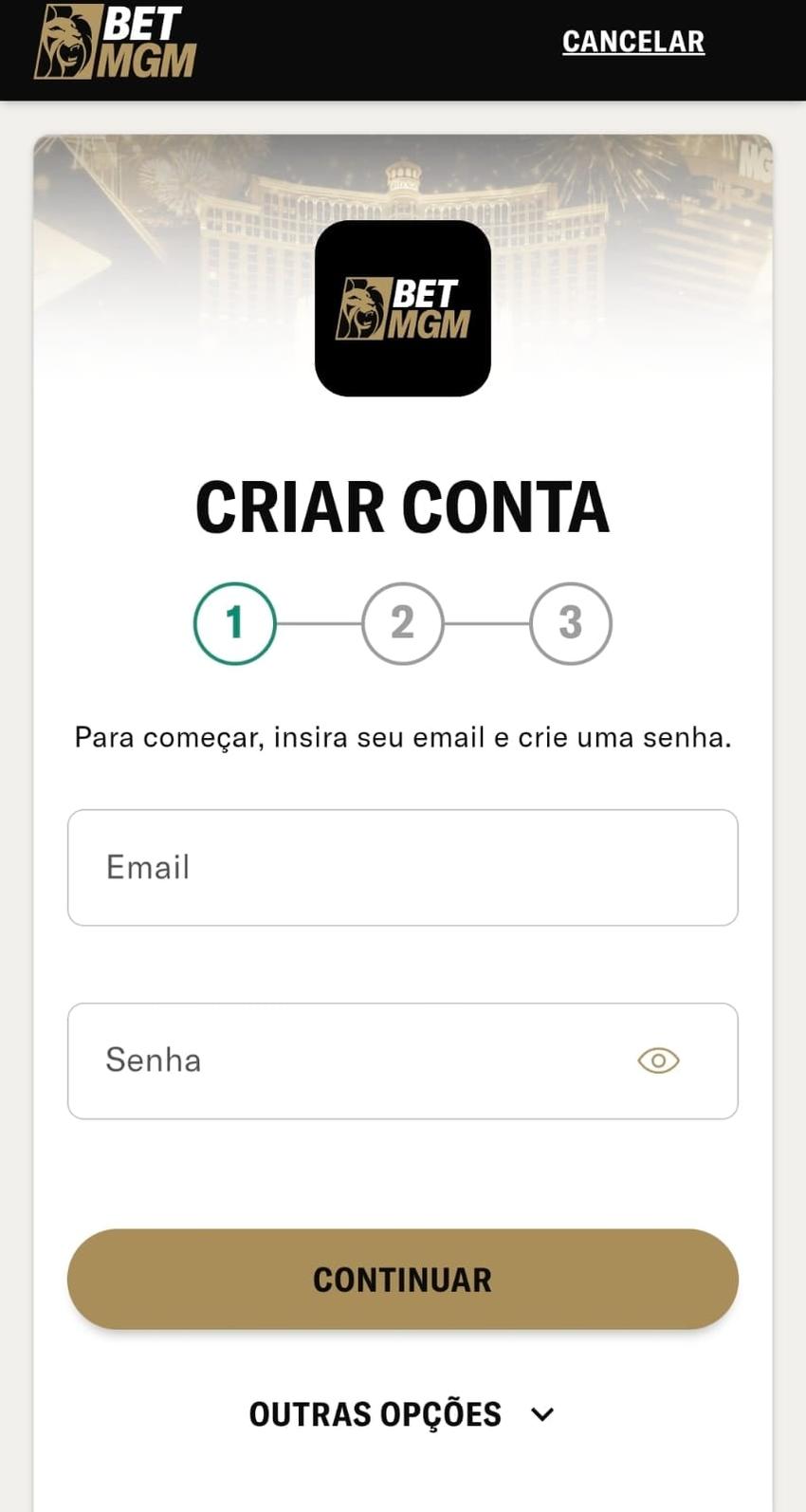 Captura de tela do formulário de cadastro na BetMGM exibindo a primeira etapa para criar uma conta.