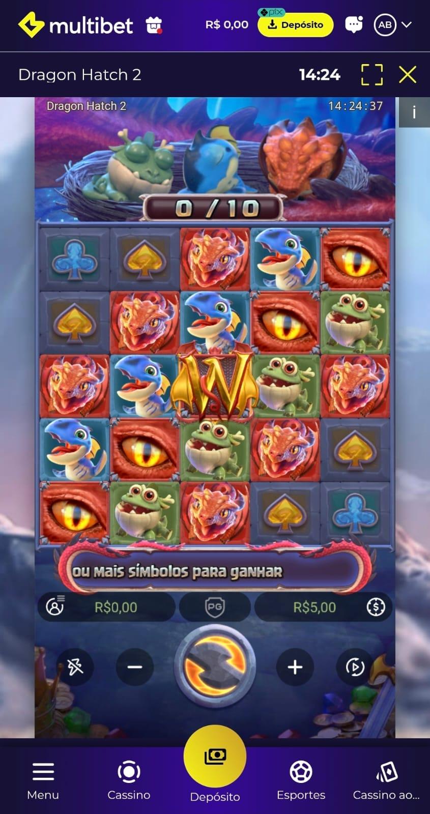 Captura de tela de uma sessão de apostas na Multibet no jogo Dragon Hatch 2, exibindo símbolos de pagamento e botões de apostas.