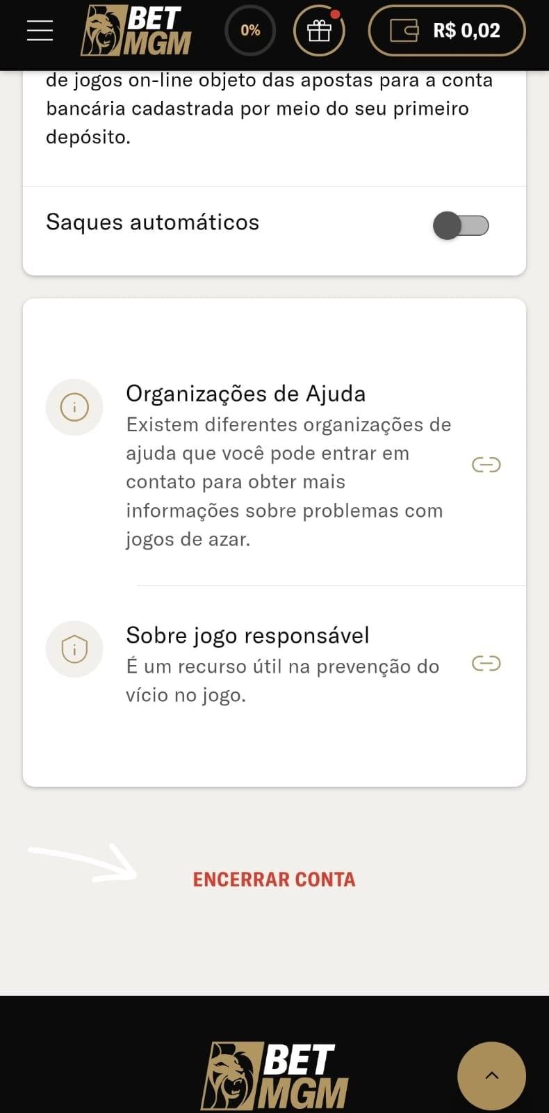 Captura de tela da seção da BetMGM em que é possível solicitar para encerrar a conta.
