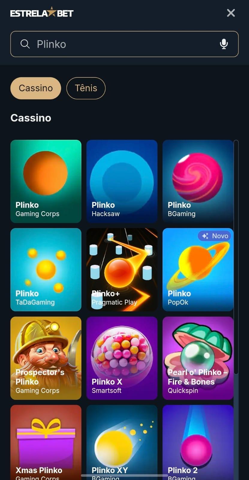 Captura de tela do cassino da Estrela bet com os jogos de Plinko disponíveis.