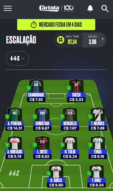 Captura de tela do fantasy sports Cartola FC.