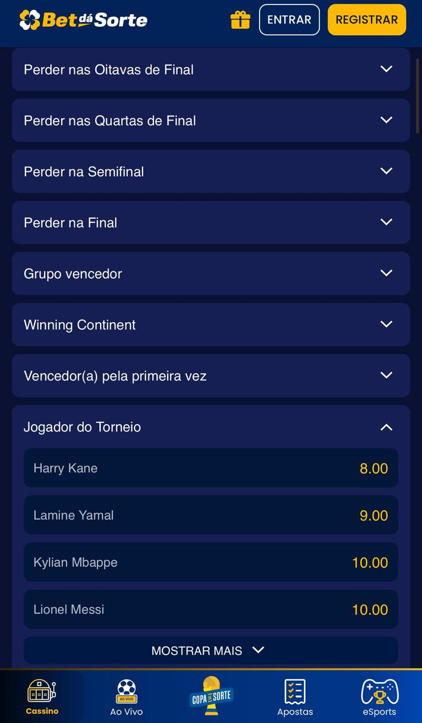 Captura da tela com apostas a longo prazo na Bet Dá Sorte com favoritos para a Copa do Mundo 2026.
