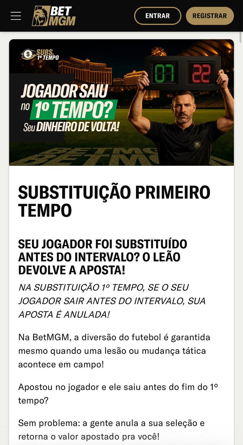 Captura de tela da promoção Substituição Primeiro Tempo na BetMGM.