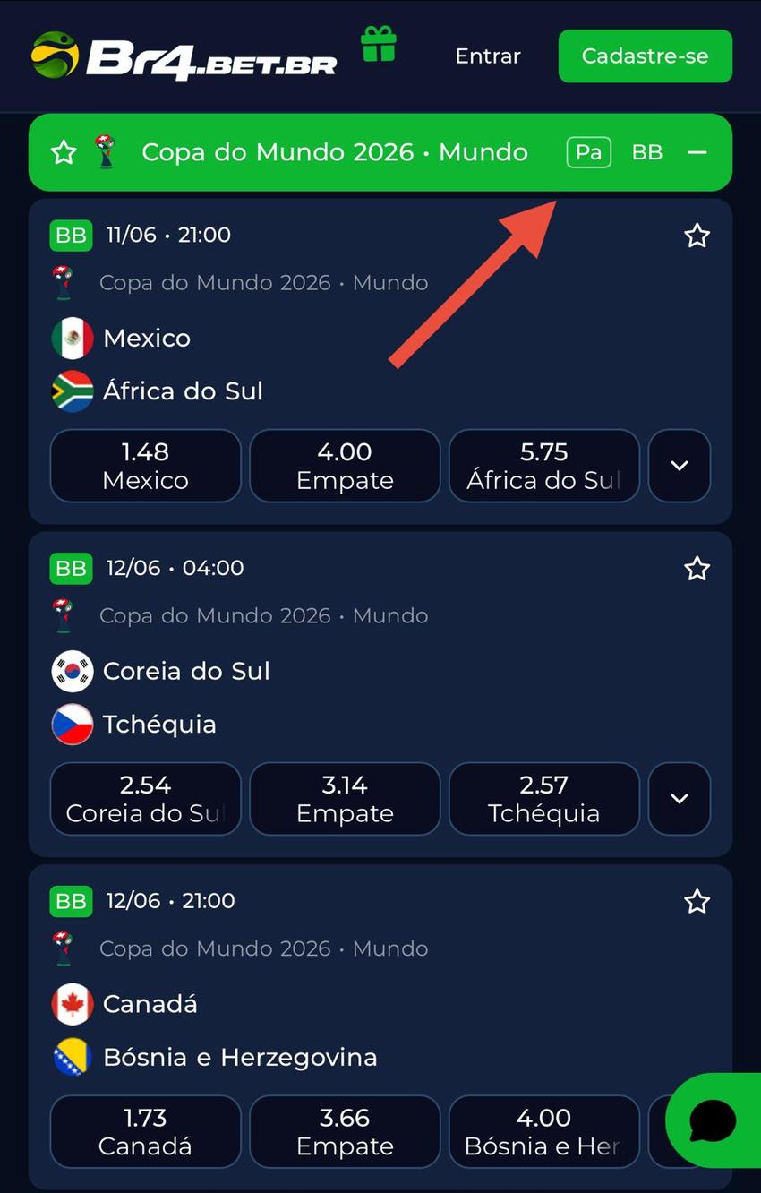Captura de tela mostra o Pagamento Antecipado em apostas envolvendo favoritos para a Copa do Mundo 2026 na Br4bet.