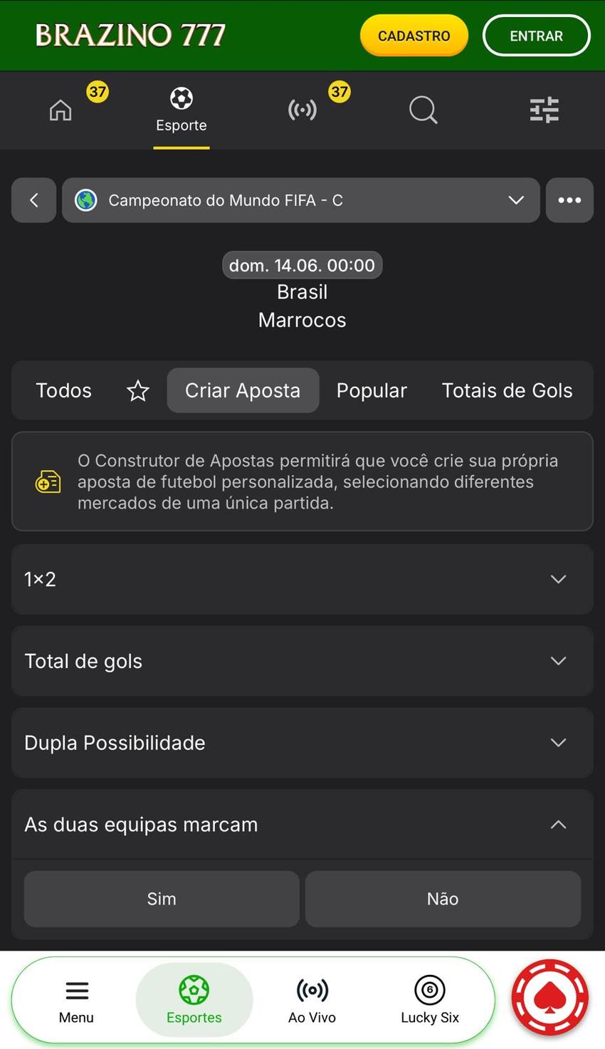 Captura de tela com a ferramenta Criar Aposta para um dos favoritos da Copa do Mundo 2026 na Brazino777.