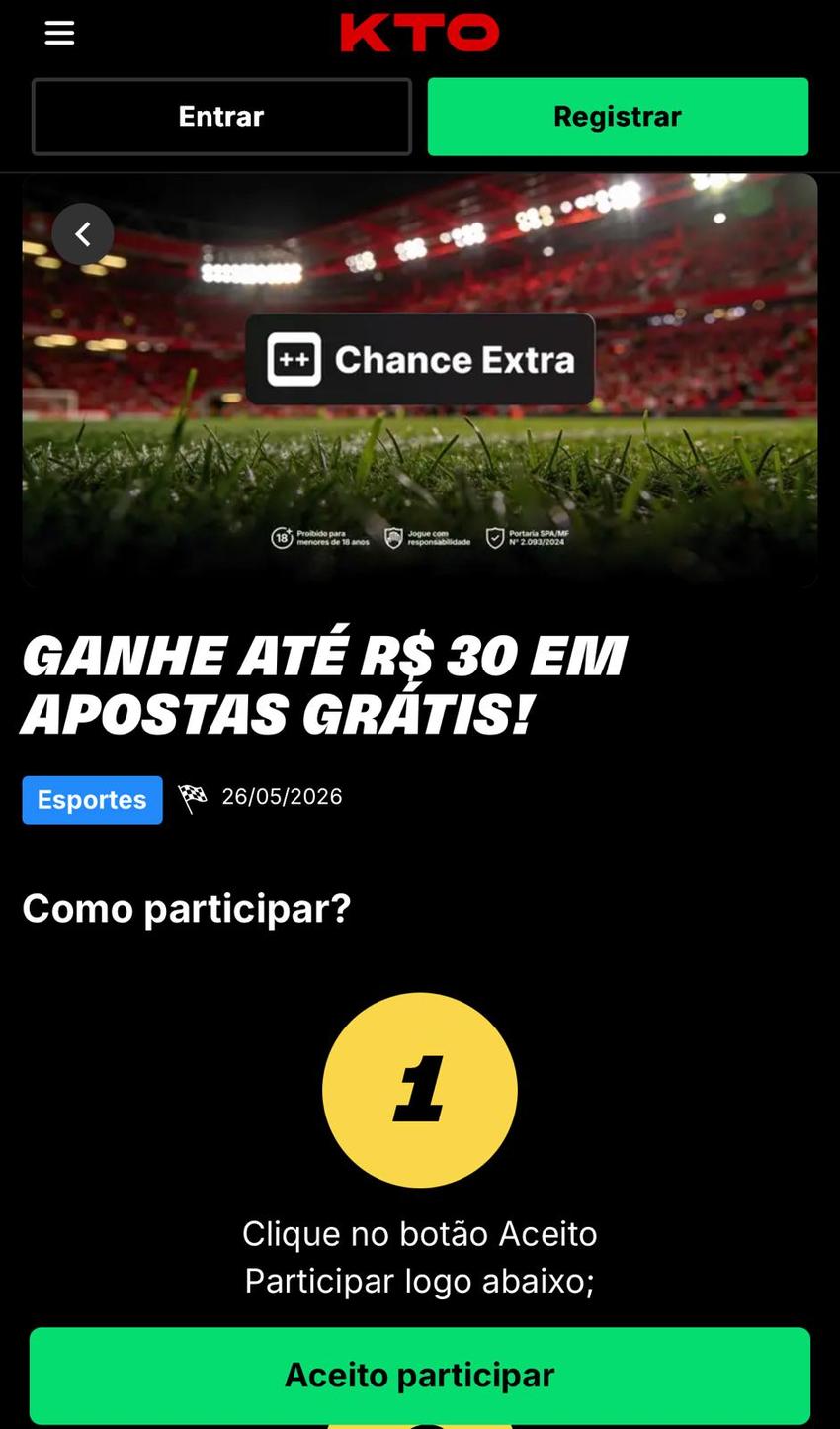 Captura de tela da promoção Chance Extra, da KTO, que está disponível para aposta nos favoritos da Copa do Mundo.