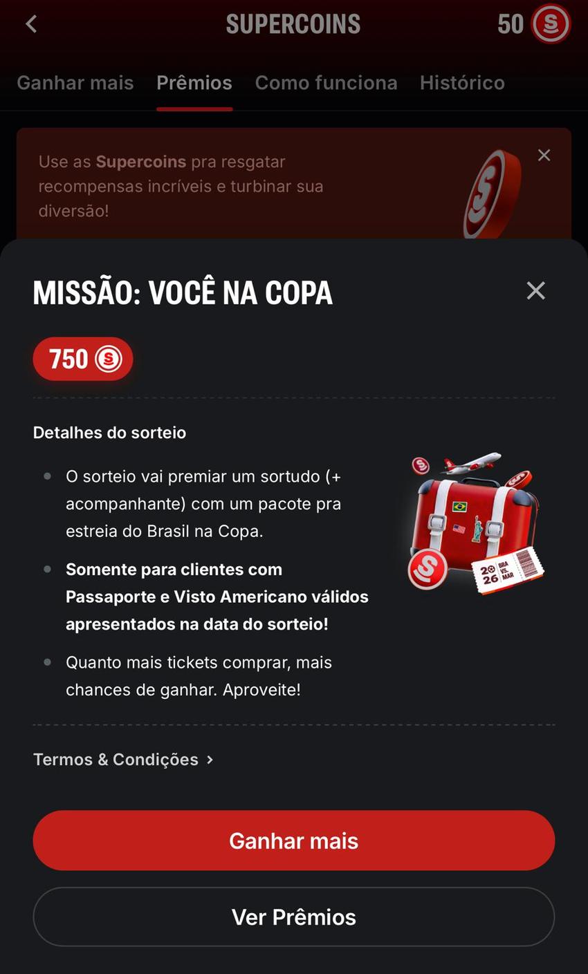 Captura de tela da promoção "Missão: Você na Copa" da Superbet.