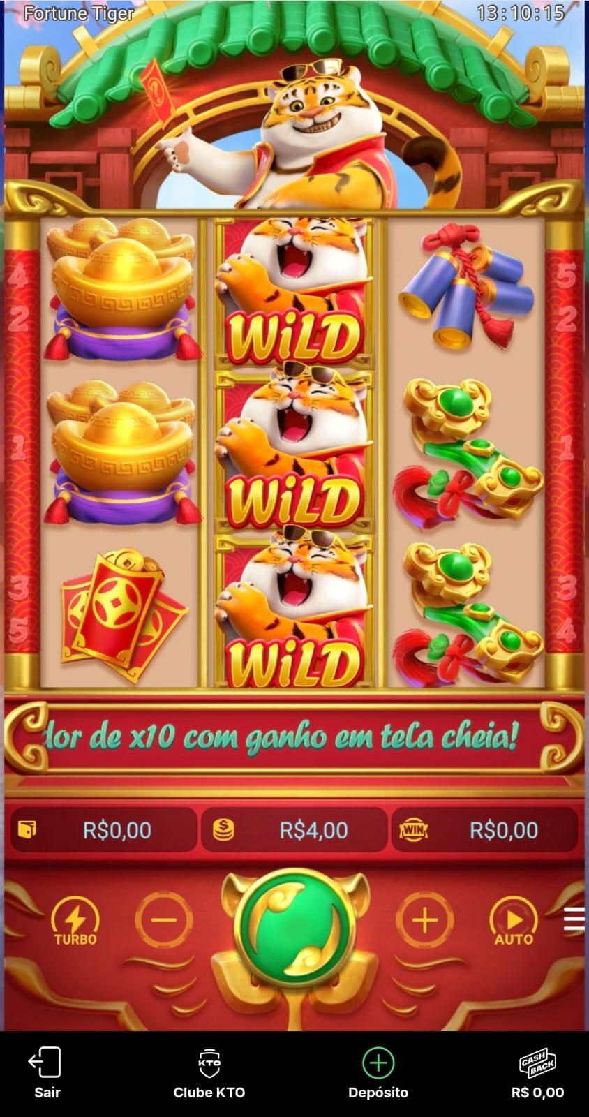 Captura de tela do jogo Fortune Tiger sendo jogado na KTO exibindo símbolos e botões de apostas.