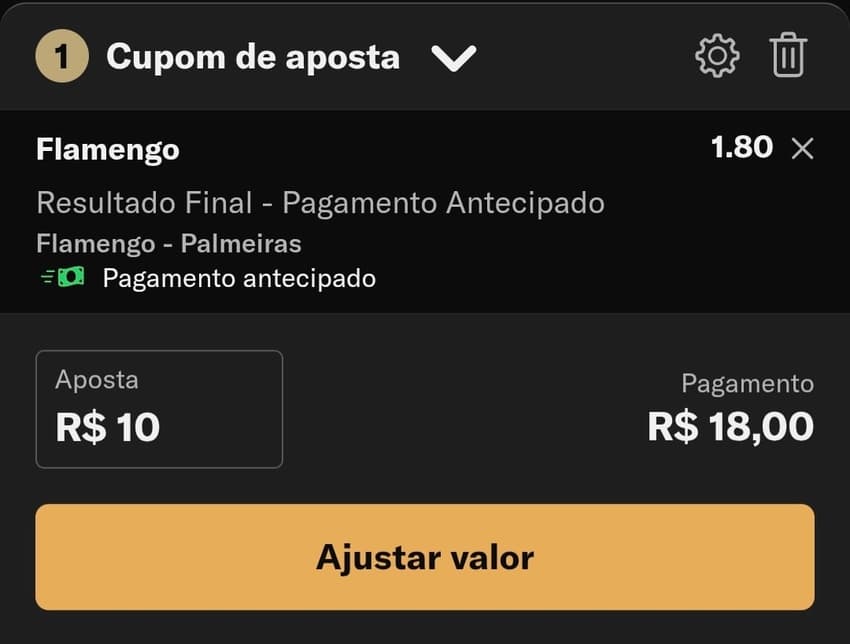 Captura de tela do bilhete de apostas na BetMGM com Pagamento Antecipado em um jogo de futebol pelo Brasileirão.