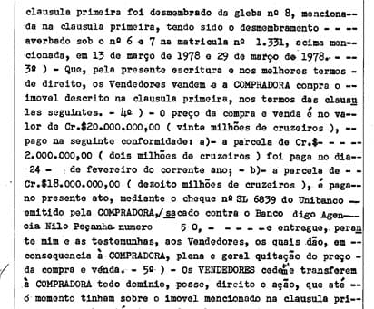 Escritura narra o processo de compra e venda da Granja Comary