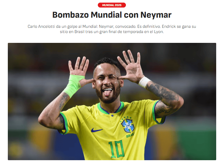 Jornal AS trata presença de Neymar na Copa como "bomba mundial" (Foto: Reprodução)