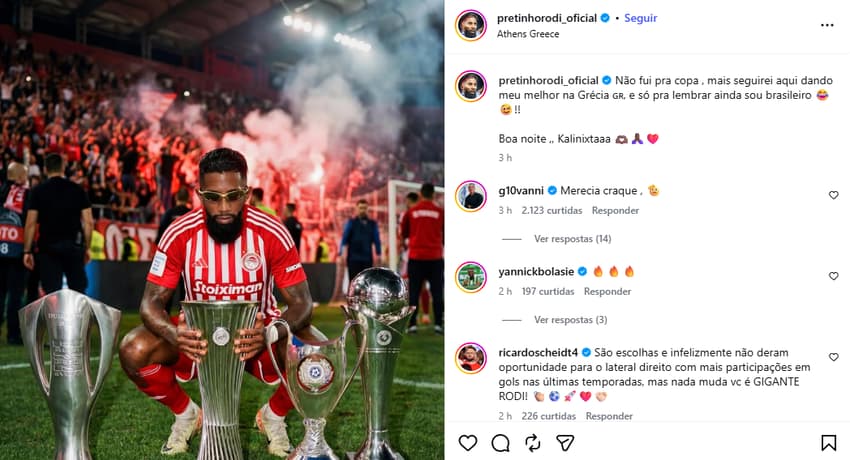 Publicação de Rodinei, ex-Flamengo, sobre ficar fora da Seleção (Foto: Reprodução)