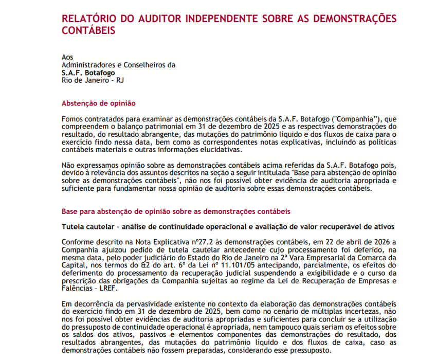 Trecho de relatório na auditoria do Botafogo (Foto: Reprodução)