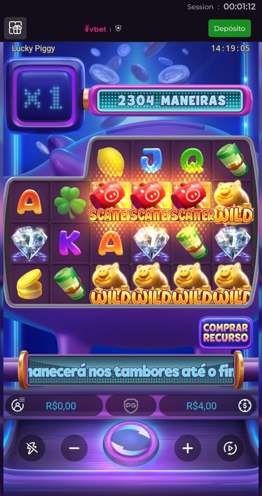 Captura de tela de uma sessão de apostas no jogo da PG Soft Lucky Piggy no cassino da Vbet.