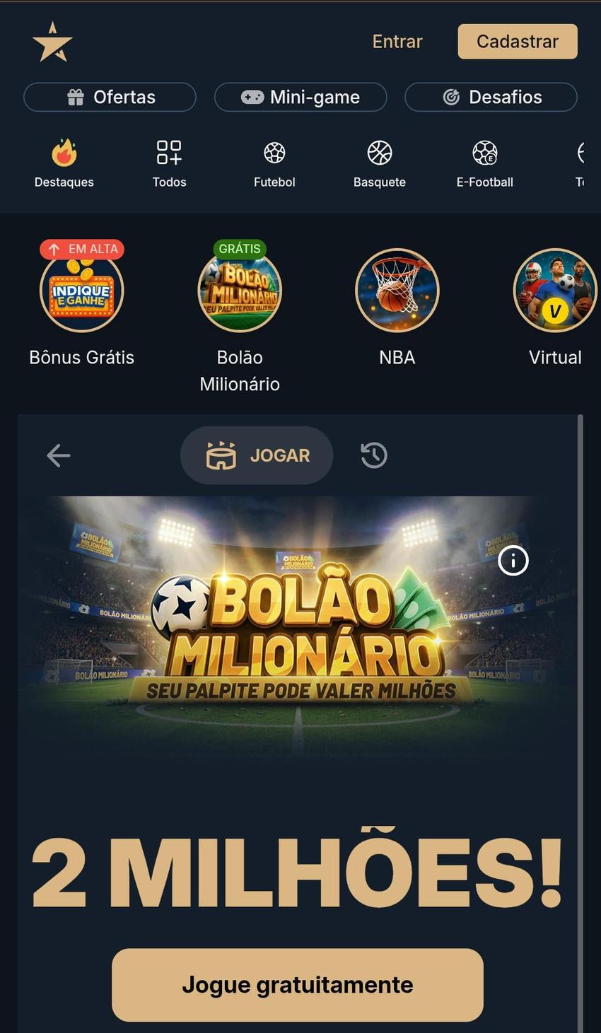 Captura de tela do melhor site de apostas Estrela Bet.