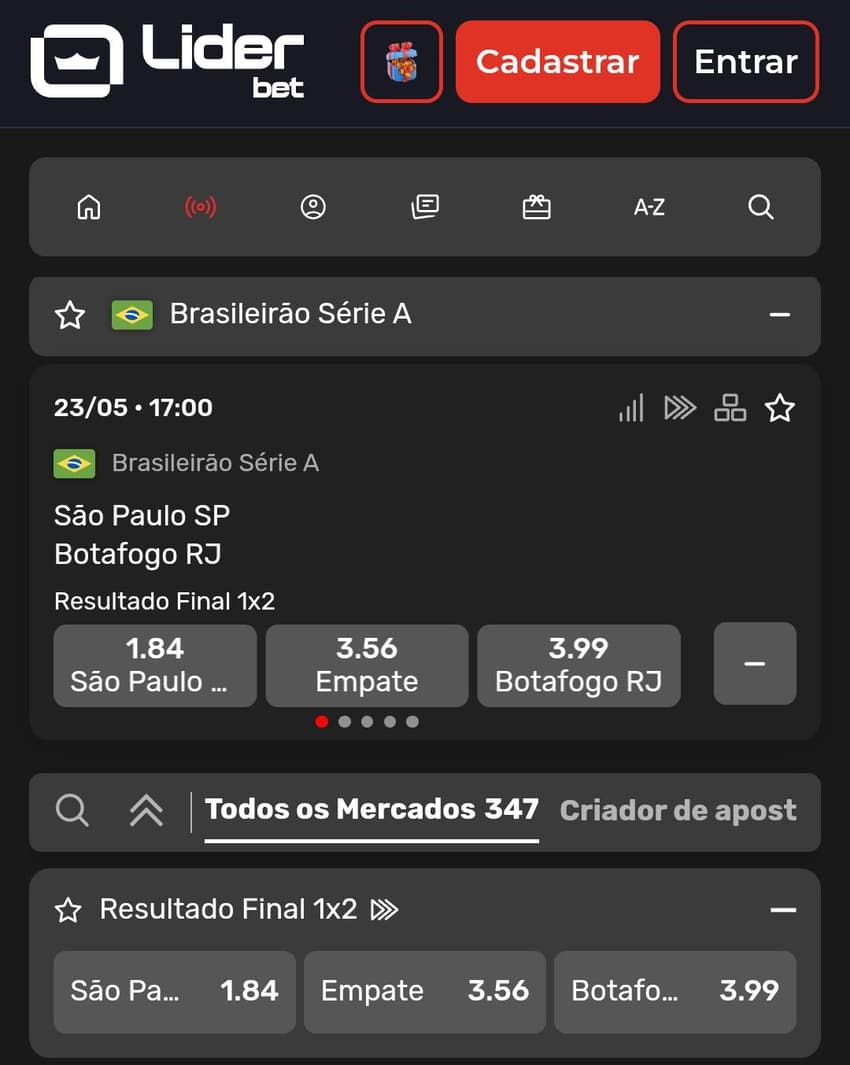 Captura de tela do melhor site de apostas Liderbet.