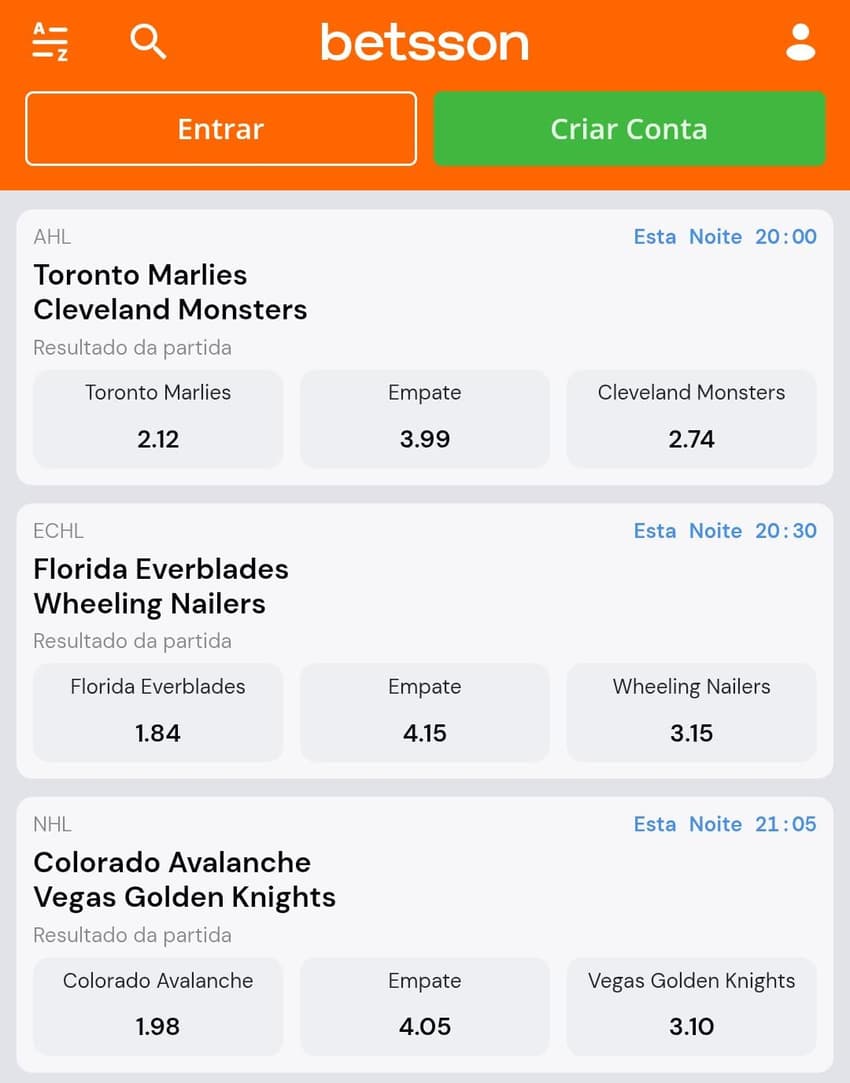 Captura de tela de uma aposta em NHL na Betsson.