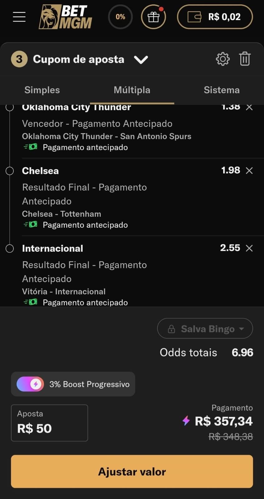 Captura de tela de uma aposta múltipla combinando eventos com Pagamento Antecipado ativo na BetMGM.