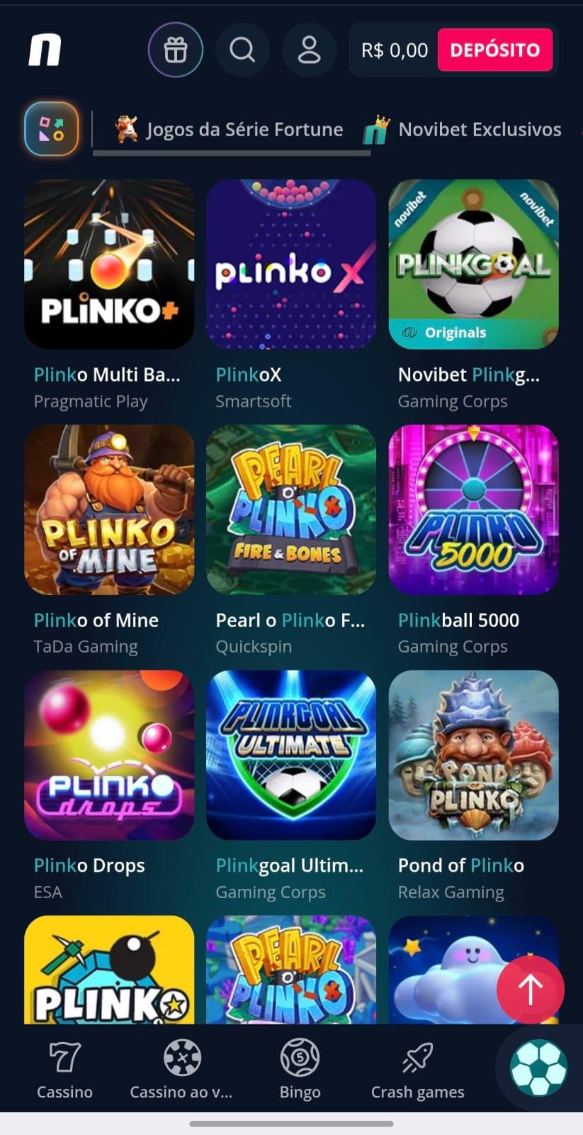 Captura de tela da Novibet na página de cassino com o resultado de busca pelos jogos de Plinko.
