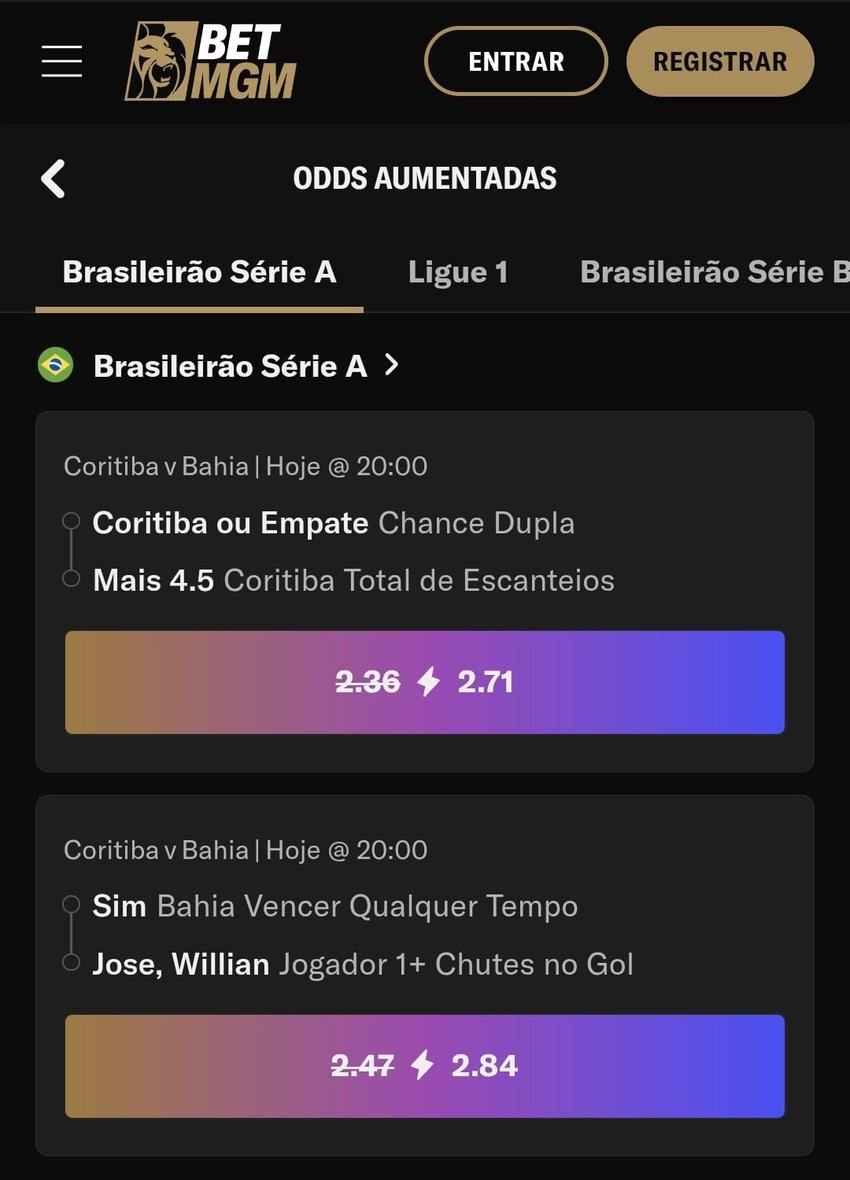 Captura de tela da promoção de Odds Aumentadas na BetMGM nos jogos em destaque do dia.