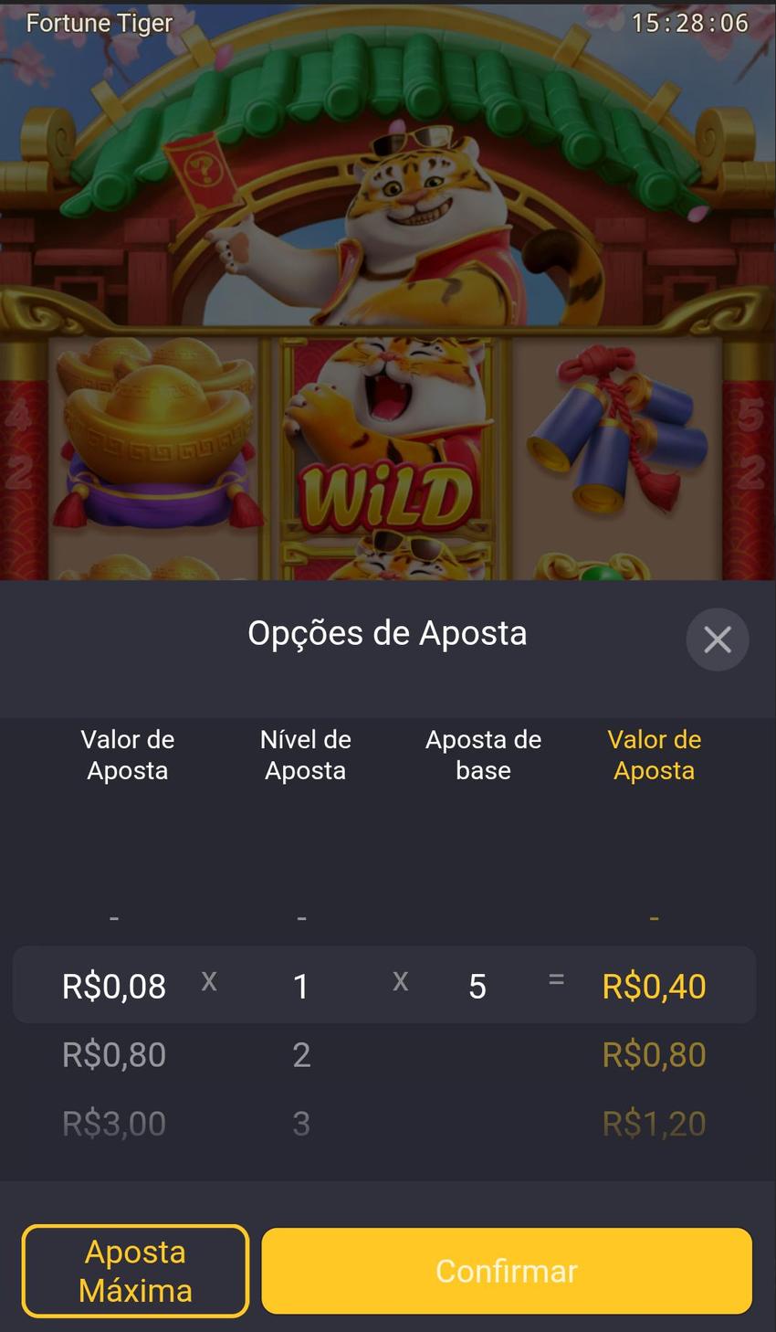Captura de tela das opções de apostas do Fortune Tiger na bet365.