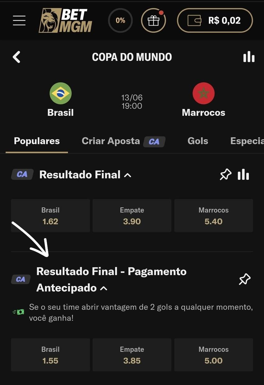 Captura de tela do jogo entre Brasil e Marrocos pela Copa do Mundo na BetMGM com Pagamento Antecipado disponível no mercado 1x2.