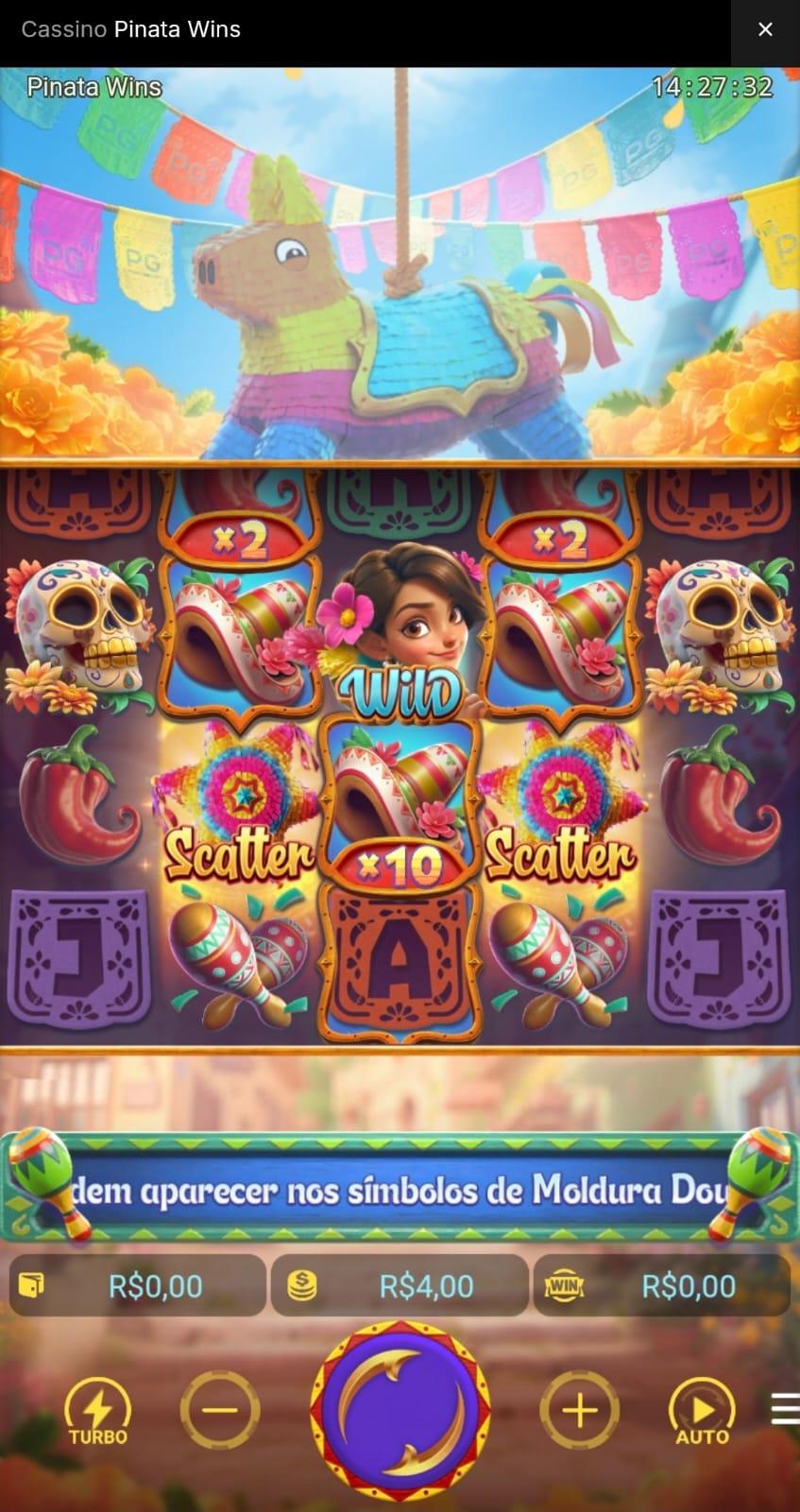 Captura de tela do jogo Pinata Wins na Oleybet, um slot da PG Soft com porcentagem de retorno de 96,76%.