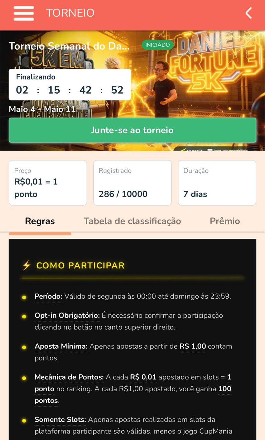 Captura de tela do torneio com prêmios de até R$5.000 na Energia Bet.
