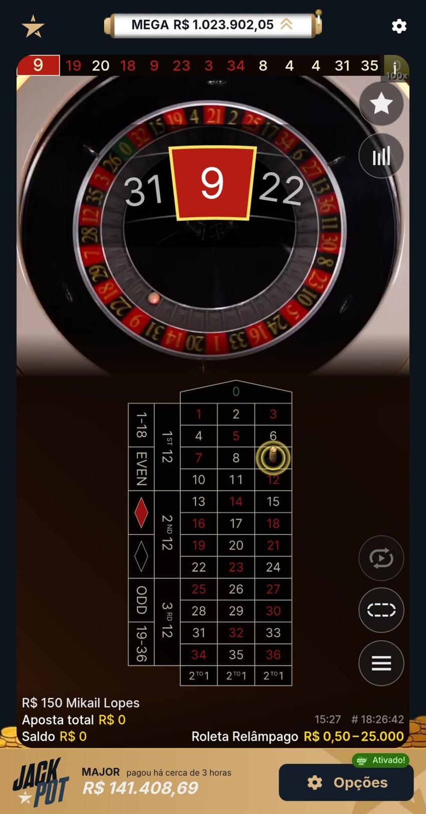 Captura de tela da Lightning Roulette na Estrela Bet.