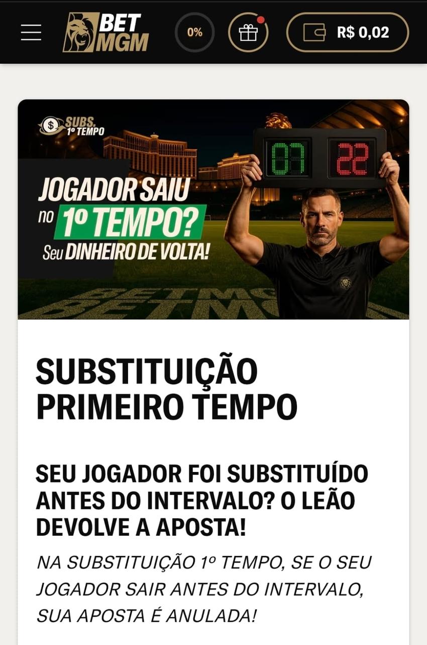Captura de tela da oferta Substituição Priemeiro Tempo exibindo o card da promoção e detalhes do funcionamento na BetMGM.