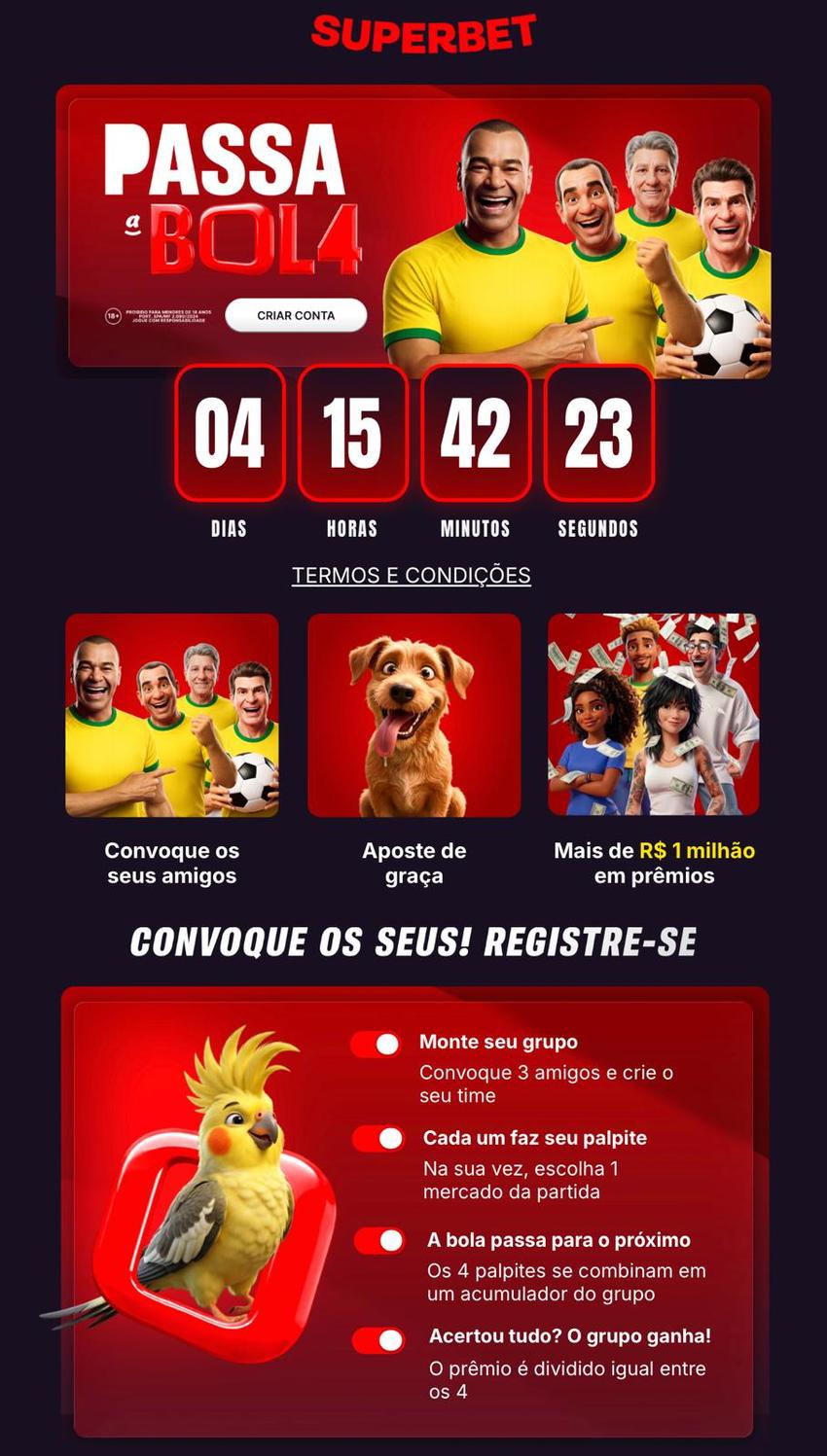 Captura de tela da promoção Passa a Bola, especial da Superbet na Copa do Mundo 2026.