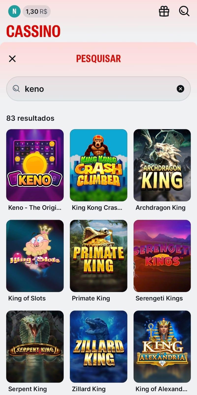 Captura de tela da Superbet exibindo os resultados de busca pelos jogos de keno online.
