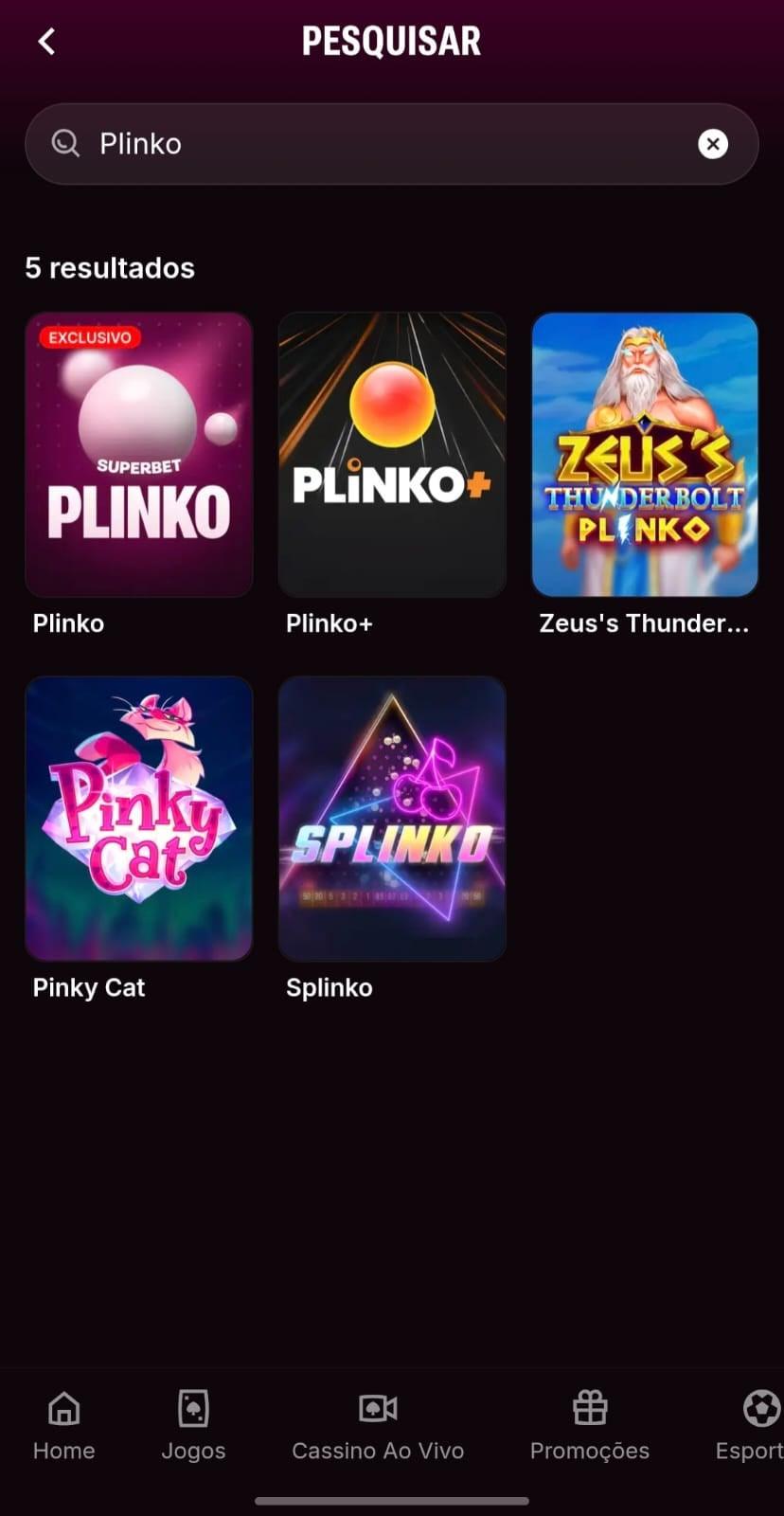 Captura de tela dos jogos de Plinko disponíveis para jogar na Superbet.