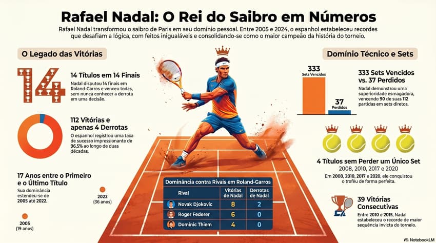 Gráfico mostra números da supremacia do espanhol Rafael Nadal em Roland Garros (Reprodução)