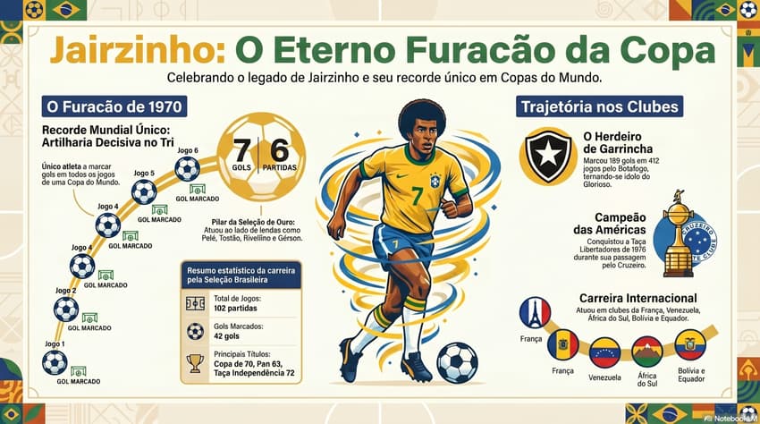 Gráfico mostra números da carreira de Jairzinho, o Furacão da Copa de 1970 (Reprodução)