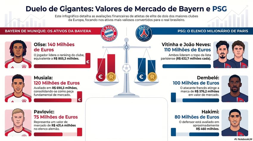 Os valores de mercado de Bayern x PSG (Foto: Notebook LM)