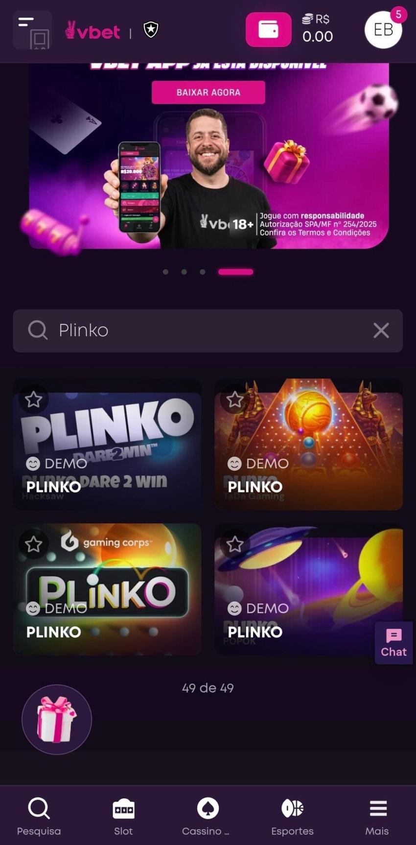 Captura de tela exibindo os jogo de Plinko da Vbet com provedores da Dare2Win, Gaming Corps e outros.