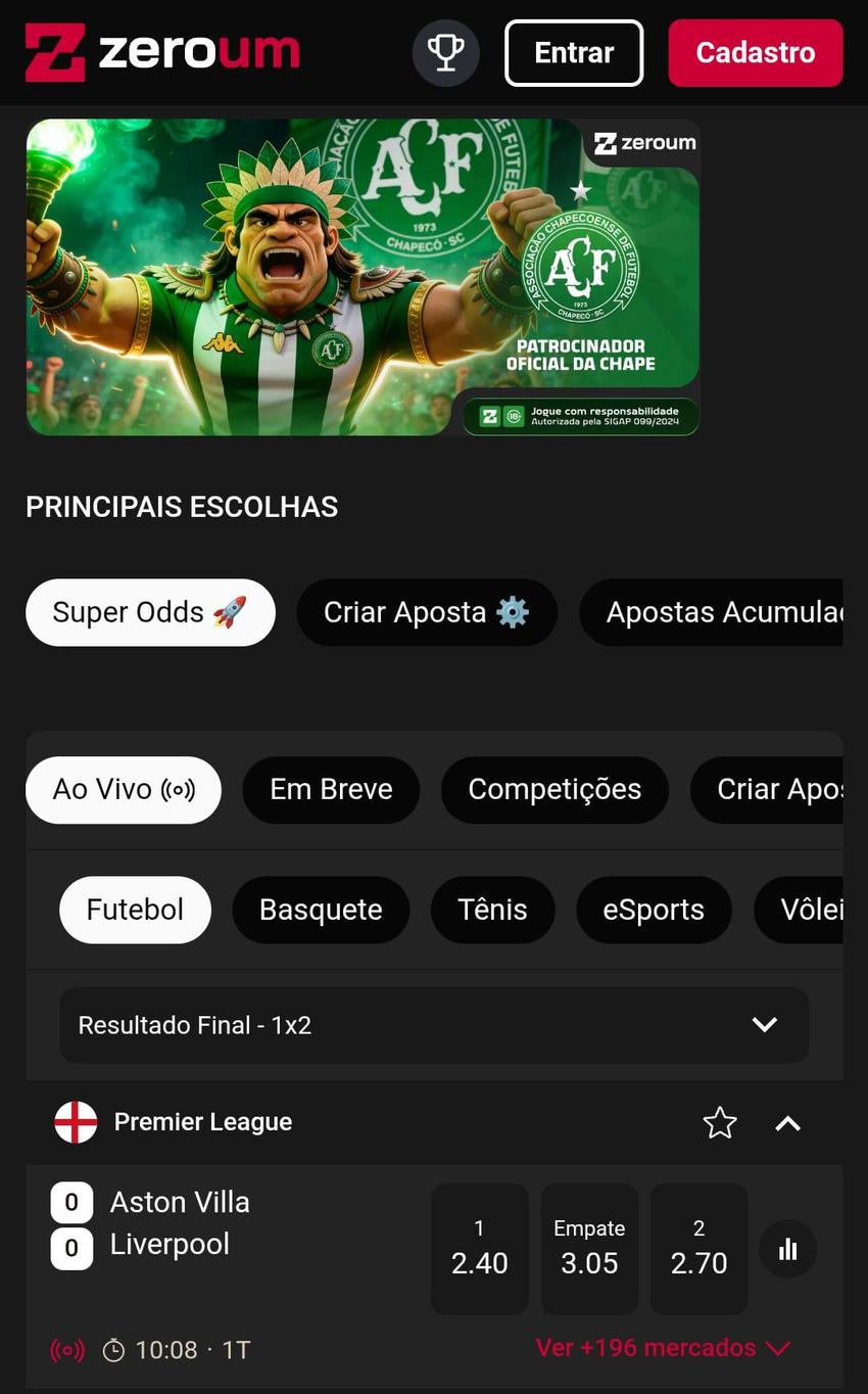 Captura de tela da página de esportes da Zeroum Bet.