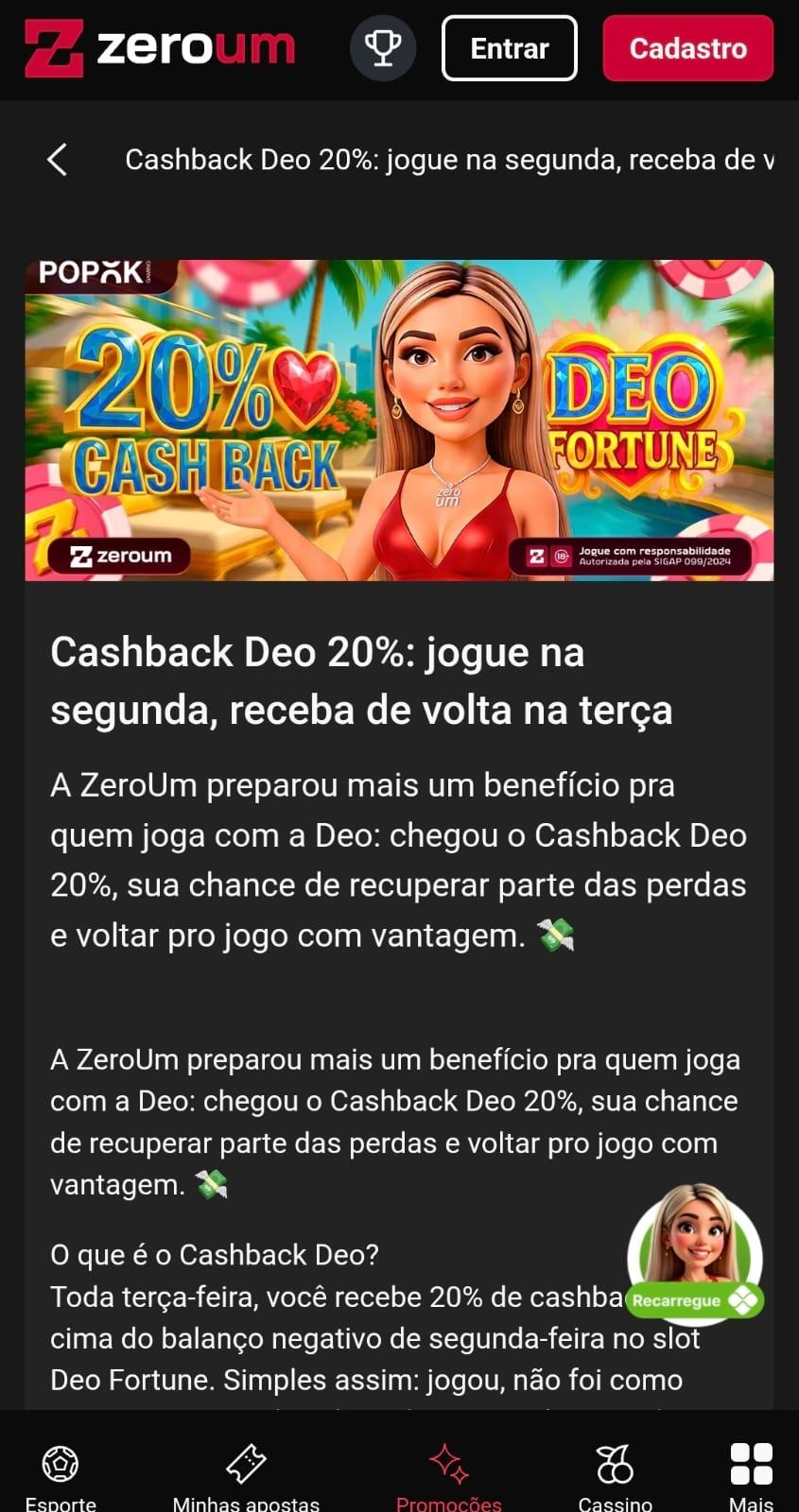 Captura de tela da página oficial da Zeroum Bet exibindo o cashback Deo disponível para o cassino.